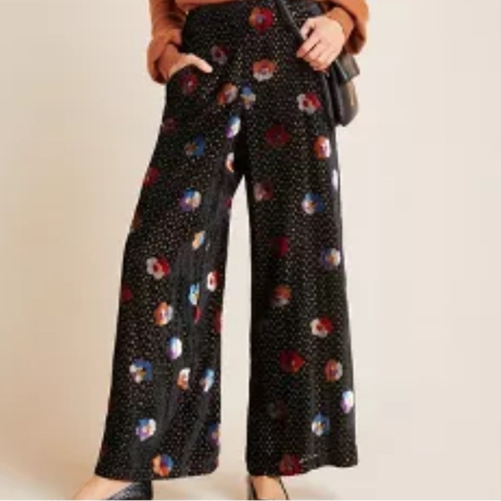 Anthropologie Eva‎ Franco Pasquette Velvet Floral Metallic Wide Leg Pant slack 2